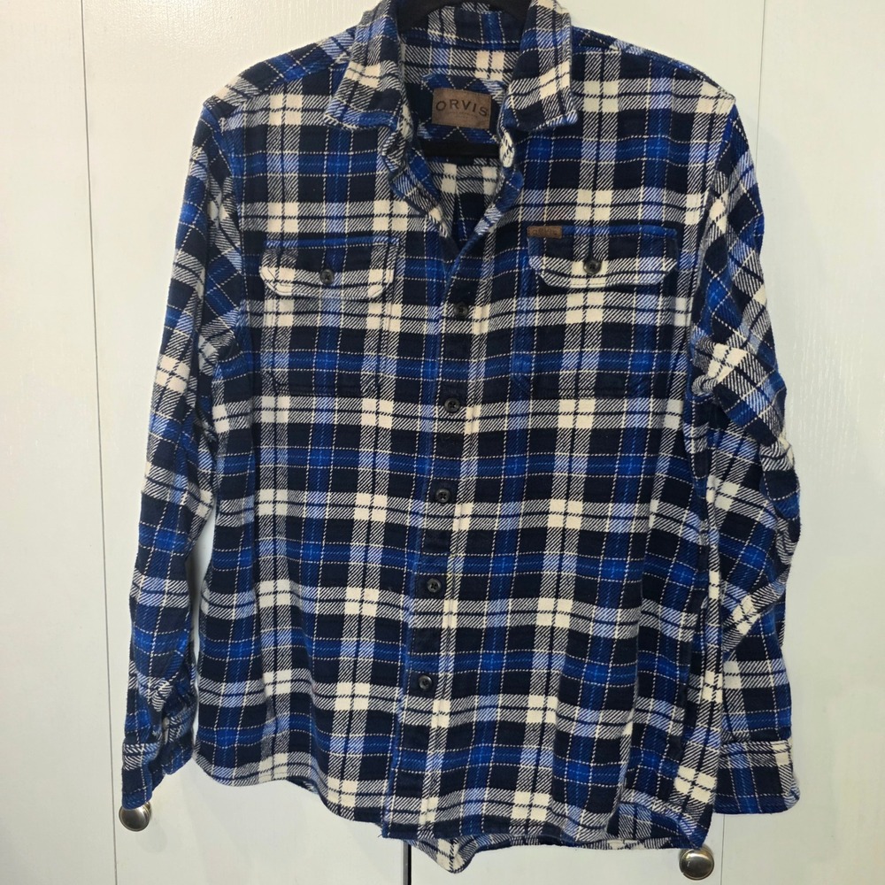Orvis Flannel Shirt Mens L Blue White Plaid Cotton Heavyweight Workwear gorpcore - Picture 2 of 9